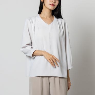 七分丈 / パール付き Vネック ブラウス ライトグレー