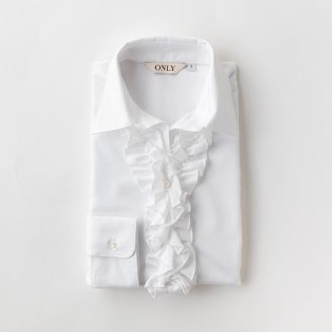 EASY CARE / ホワイトレギュラーカラーフリル付きシャツ