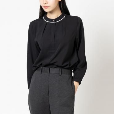 ネックボタン付き バンドカラーブラウス　ブラック
